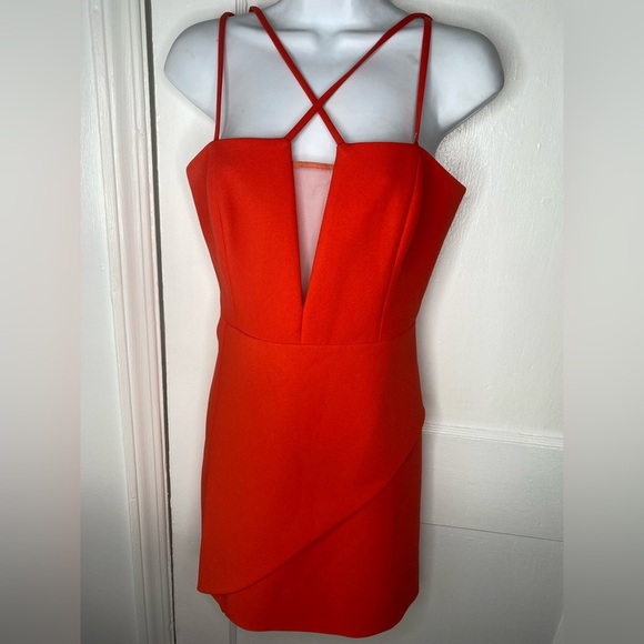 BCBGMAXAZRIA Revolve Linzee Red Orange Strappy Dress With Netting - Picture 3 of 10